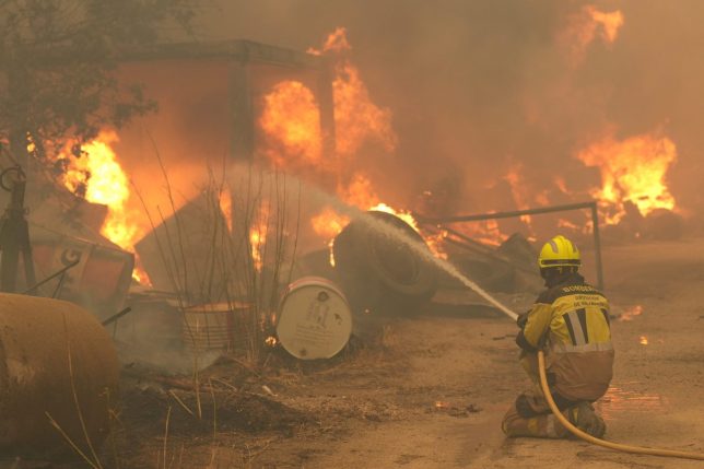 A firefighter waters burning tires and barrels while battling a wildfire in Cebreros area, near Avila, 80 kms west of Madrid on July 24, 2026. The worst wildfires in the Madrid region's history rage west of the Spanish capital, forcing authorities to evacuate or order around 40,000 people to remain indoors. (Photo by Cesar MANSO / AFP via Getty Images)