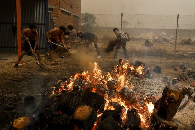 *** BESTPIX *** EL TIEMBLO, SPAIN - JULY 24: Student's of David Gonzalez who owns a Martial Arts gym for young people try to extinguish a fire outside David's house as wildfires surround the village on July 24, 2026 in El Tiemblo, in ??vila province, Spain. The Spanish interior minister declared a state of emergency as more than 11,500 people were forced to evacuate their homes to wildfires across the country. (Photo by Pablo Blazquez Dominguez/Getty Images)