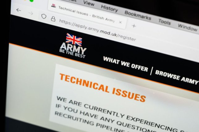 LONDON, ENGLAND - MARCH 24: A laptop screen displays the error message on the online recruitment section of the British Army website on March 24, 2022 in London, England. Following a reported malicious attack, the Ministry of Defence has suspended online application and support services for the British Army's Defence Recruitment System, run by the Capita business processing company. After learning of the breach on March 14, the MoD closed certain areas of their site as a precautionary measure. The online applications and support areas are still unavailable. British technology news site "The Register" has reported that the personal details of around 125 potential recruits were accessed. (Photo by Leon Neal/Getty Images)