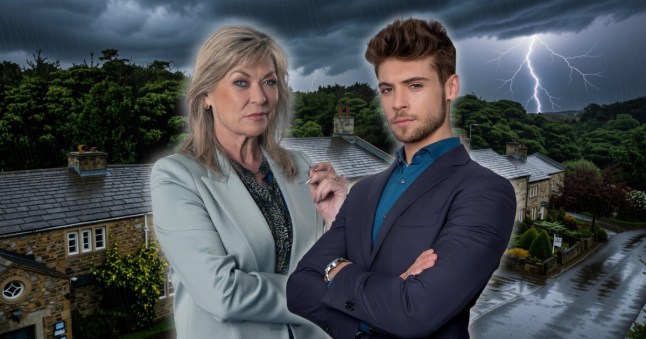 A collage featuring Kim and Joe Tate with serious expressions and arms folded, against a backdrop of the Emmerdale village. The sky is grey, and lightning strikes in the distance.