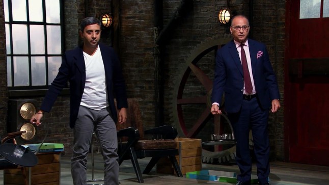 Television programme, Dragons' Den S18 - TX: 03/06/2021 - Episode: Dragons' Den S18 - ep 10 (No. 10) - Picture Shows: swinging the Tipsi Tray. Tej Lalvani, Theo Paphitis - (C) BBC - Photographer: Screen grab