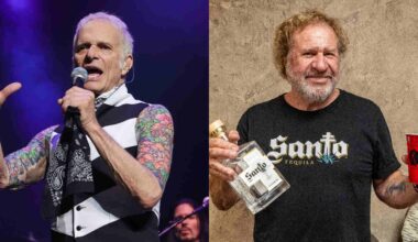 David Lee Roth performing onstage and Sammy Hagar holding a bottle of Tequila