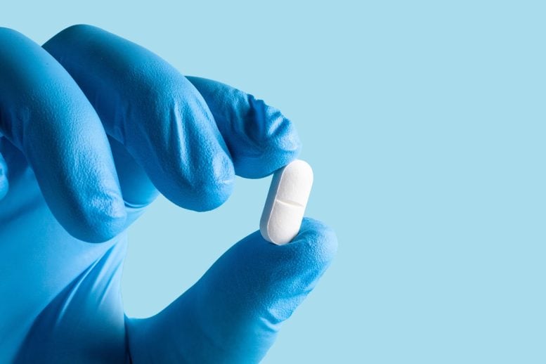 Scientist Blue Glove Holding White Pill Tablet