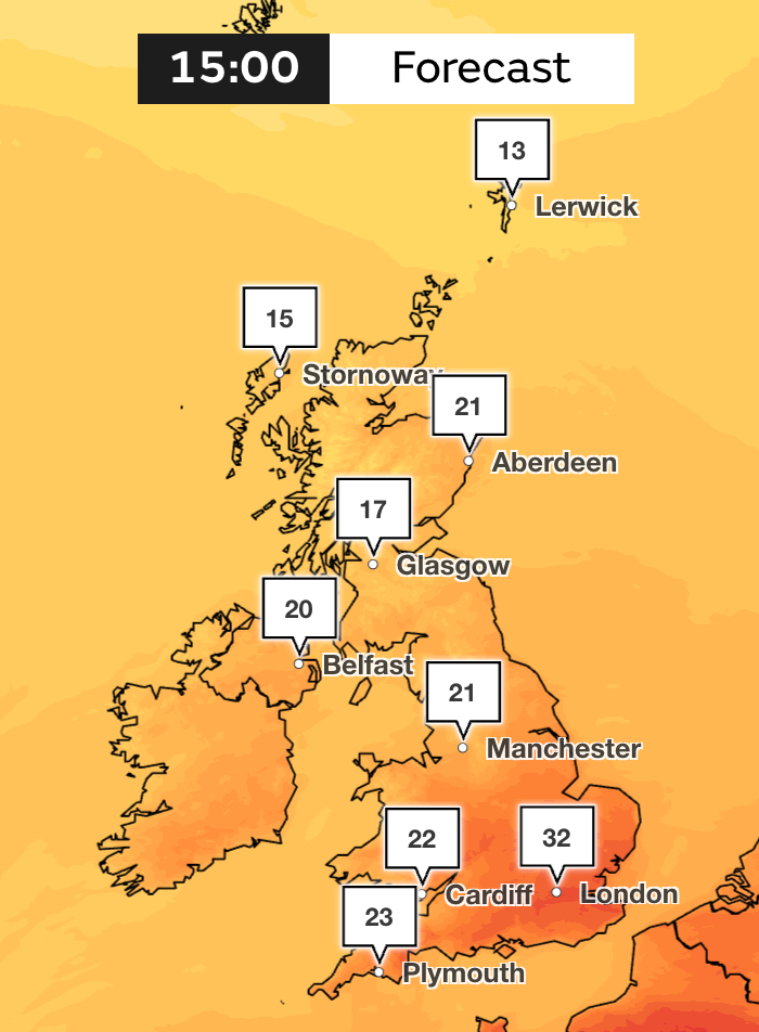 Monday will see highs of 32C in the southeast