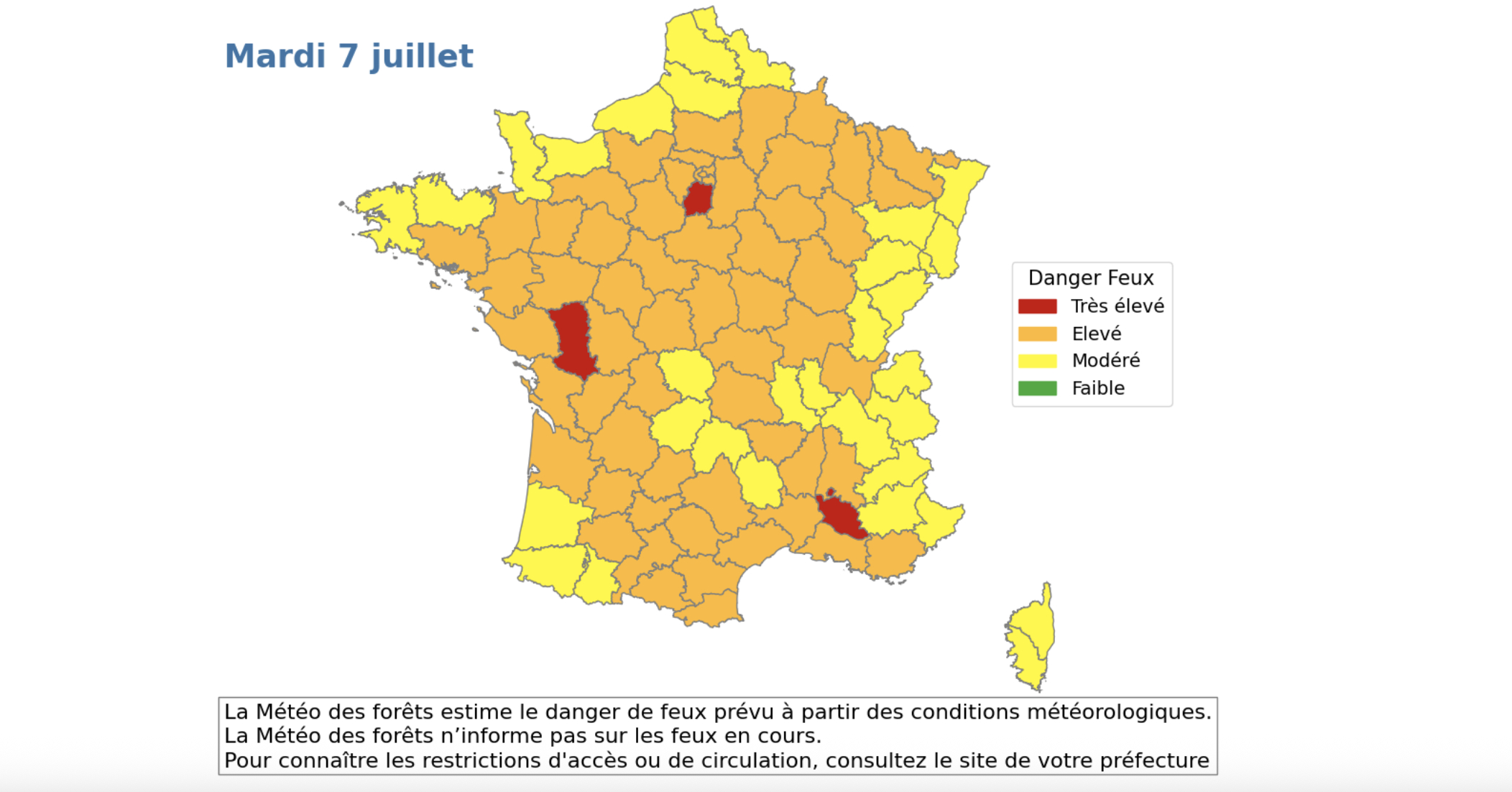 Météo-France warning for départements on wildfire alert for Tuesday. 
