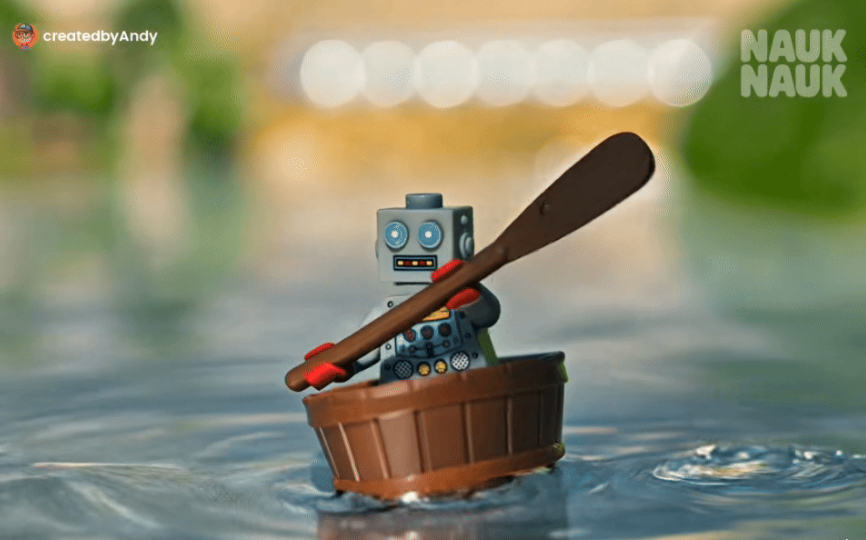 In this still from a NaukNauk-generated short, a Lego Collectible Series 6 Clockwork Robot rows a makeshift boat