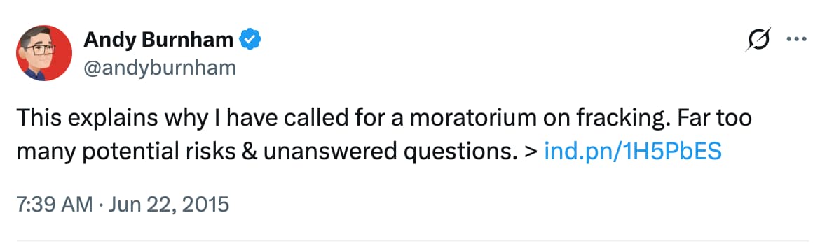 Andy Burnham on X: This explains why I have called for a moratorium on fracking