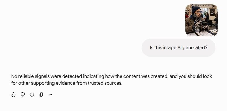 A screenshot of Google’s Gemini chatbot failing to detect that an image made using Meta’s Muse model is AI-generated.