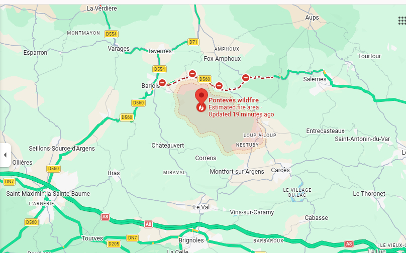 Google maps with wildfire information