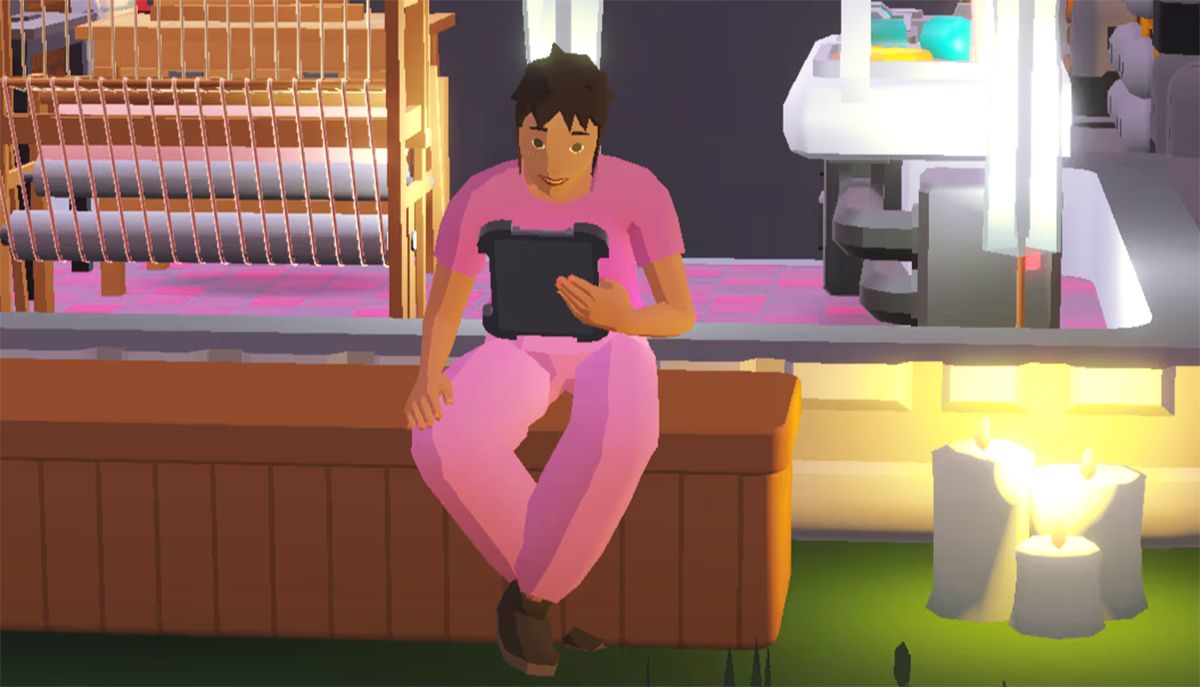 A sim holding a tablet sitting on a counter