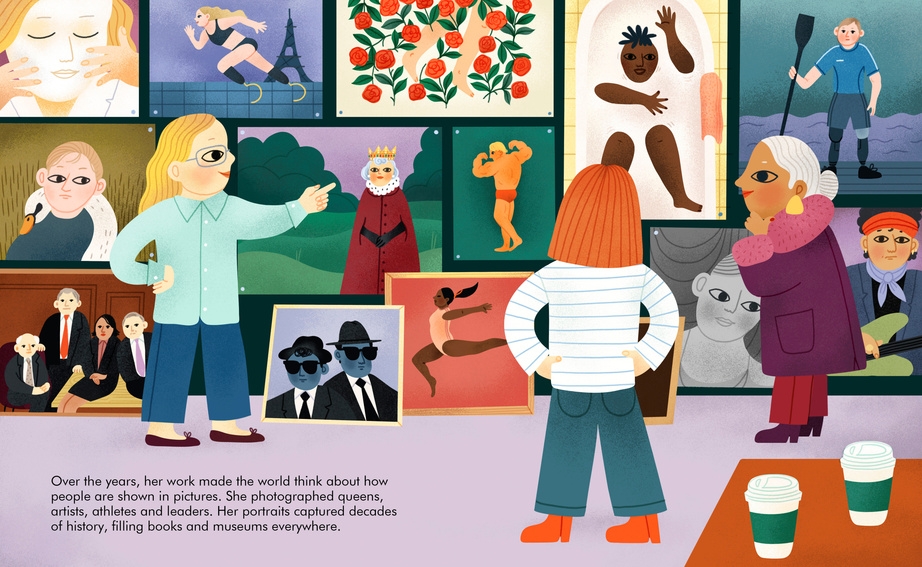 An illustrated book spread showing a gallery wall filled with distinct portrait paintings while a woman in a light blue shirt gestures toward them, accompanied by descriptive text.