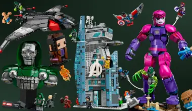Images of all of the Avengers Doomsday LEGO sets together, form the bust of Doom to the new Avengers tower.