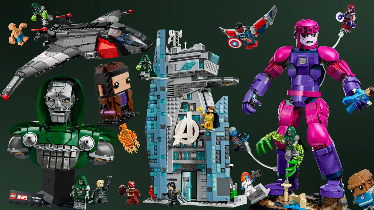 Images of all of the Avengers Doomsday LEGO sets together, form the bust of Doom to the new Avengers tower.
