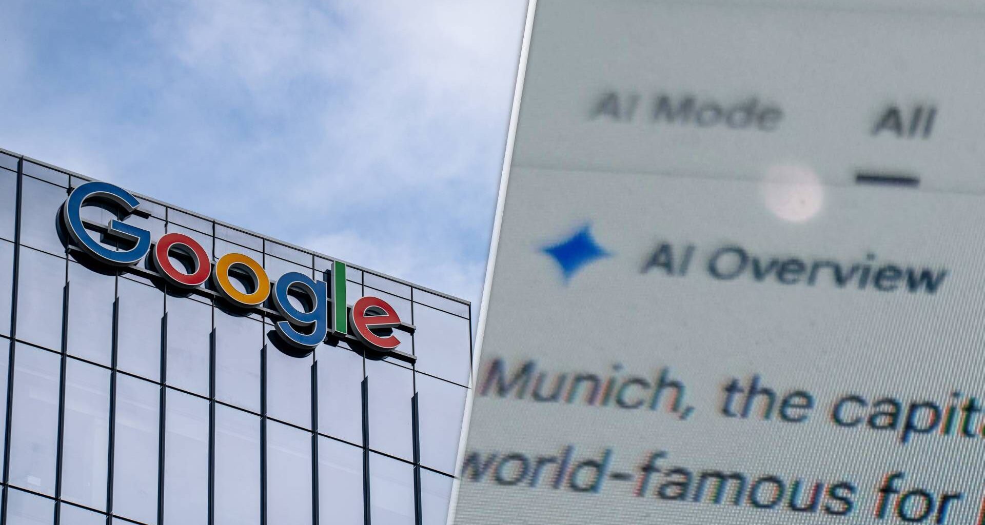 A split screen image of Google's offices in Toronto, Canada, and a close up phone photo of Search's AI Overview.