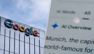 A split screen image of Google's offices in Toronto, Canada, and a close up phone photo of Search's AI Overview.
