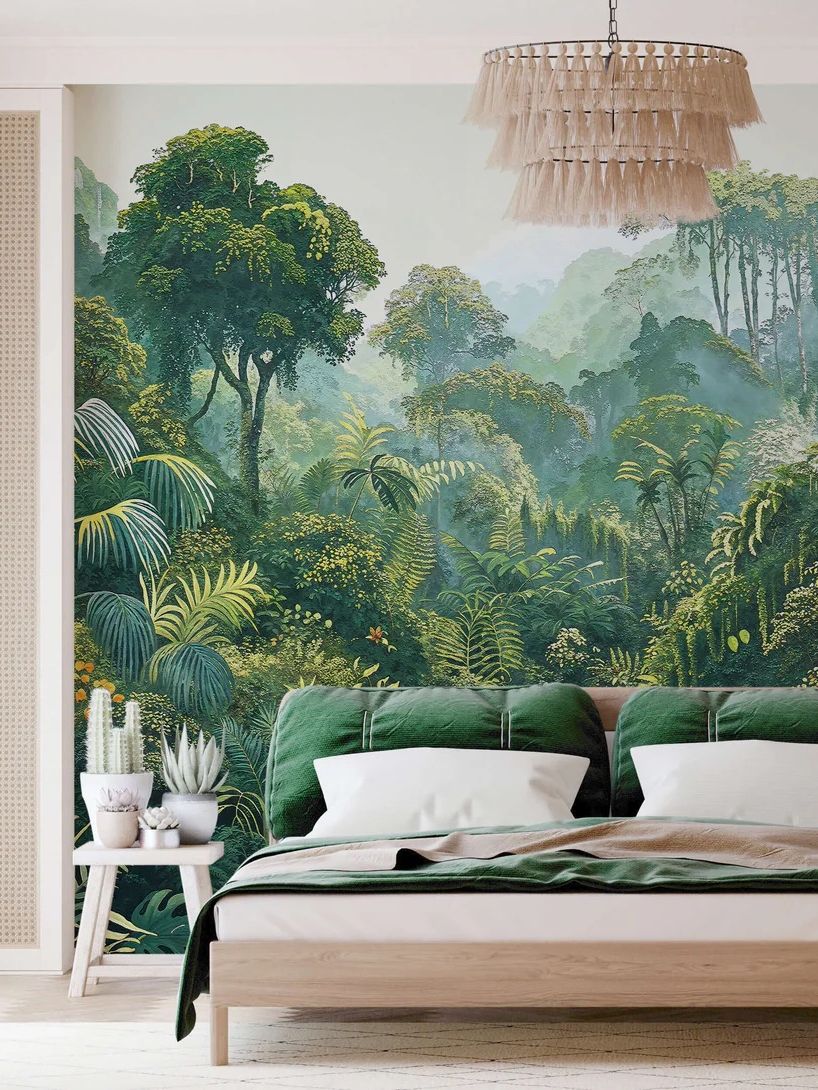 Green rainforest wallpaper mural in a bedroom
