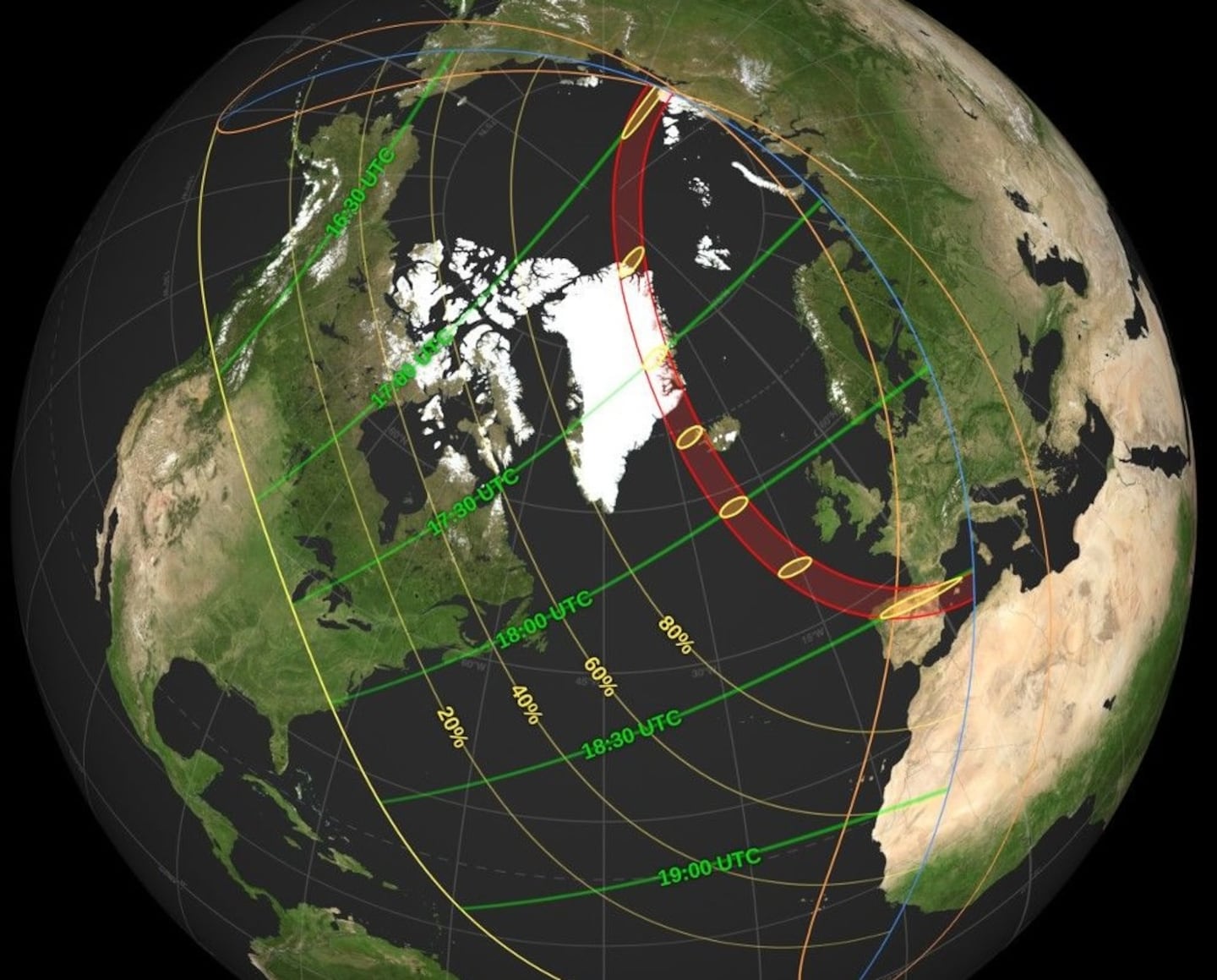 This map shows where a total solar eclipse will be visible (red band) on Aug. 12 (in Greenland, Iceland, and Spain). The yellow lines across the map show where a partial eclipse will be visible, and percentages indicate the maximum area of the sun covered by the moon.