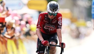 Lennert Van Eetvelt of Belgium and Team Lotto Intermarche crosses the finish line during the 113th Tour de France 2026, Stage 9 a 155.5km stage from Malemort to Ussel / Stage shortened due to a red alert for a heatwave / #UCIWT / on July 12, 2026 in Ussel, France. (Photo by Dario Belingheri/Getty Images)