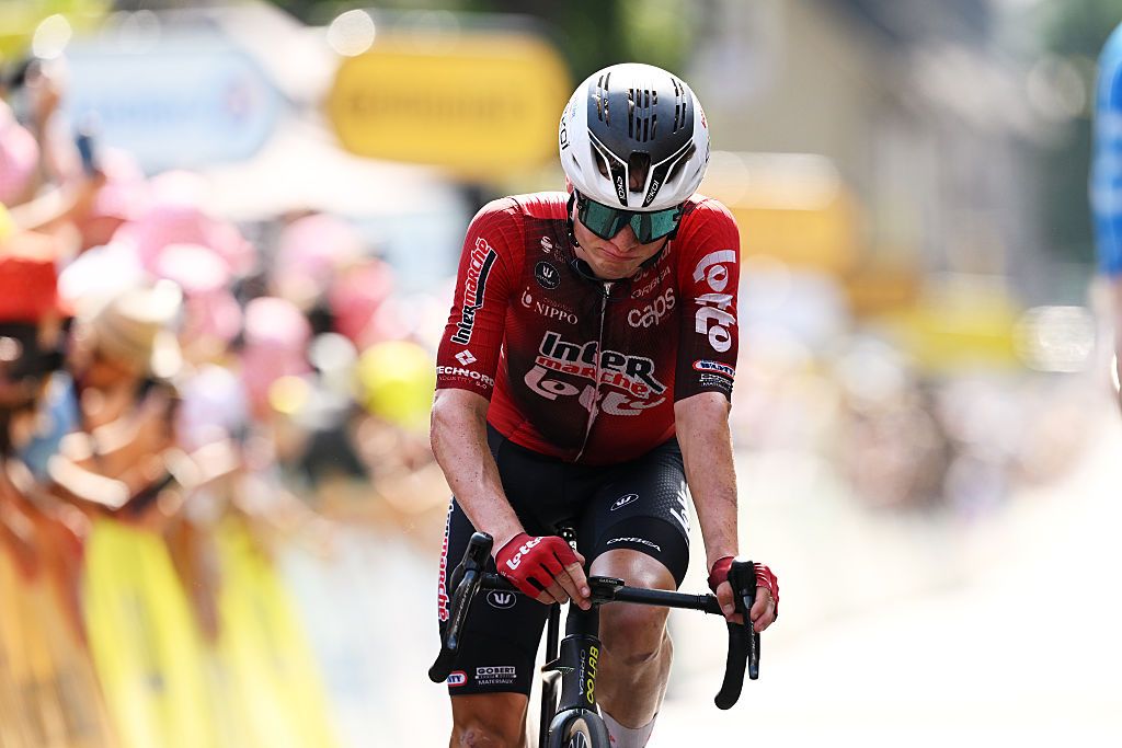 Lennert Van Eetvelt of Belgium and Team Lotto Intermarche crosses the finish line during the 113th Tour de France 2026, Stage 9 a 155.5km stage from Malemort to Ussel / Stage shortened due to a red alert for a heatwave / #UCIWT / on July 12, 2026 in Ussel, France. (Photo by Dario Belingheri/Getty Images)