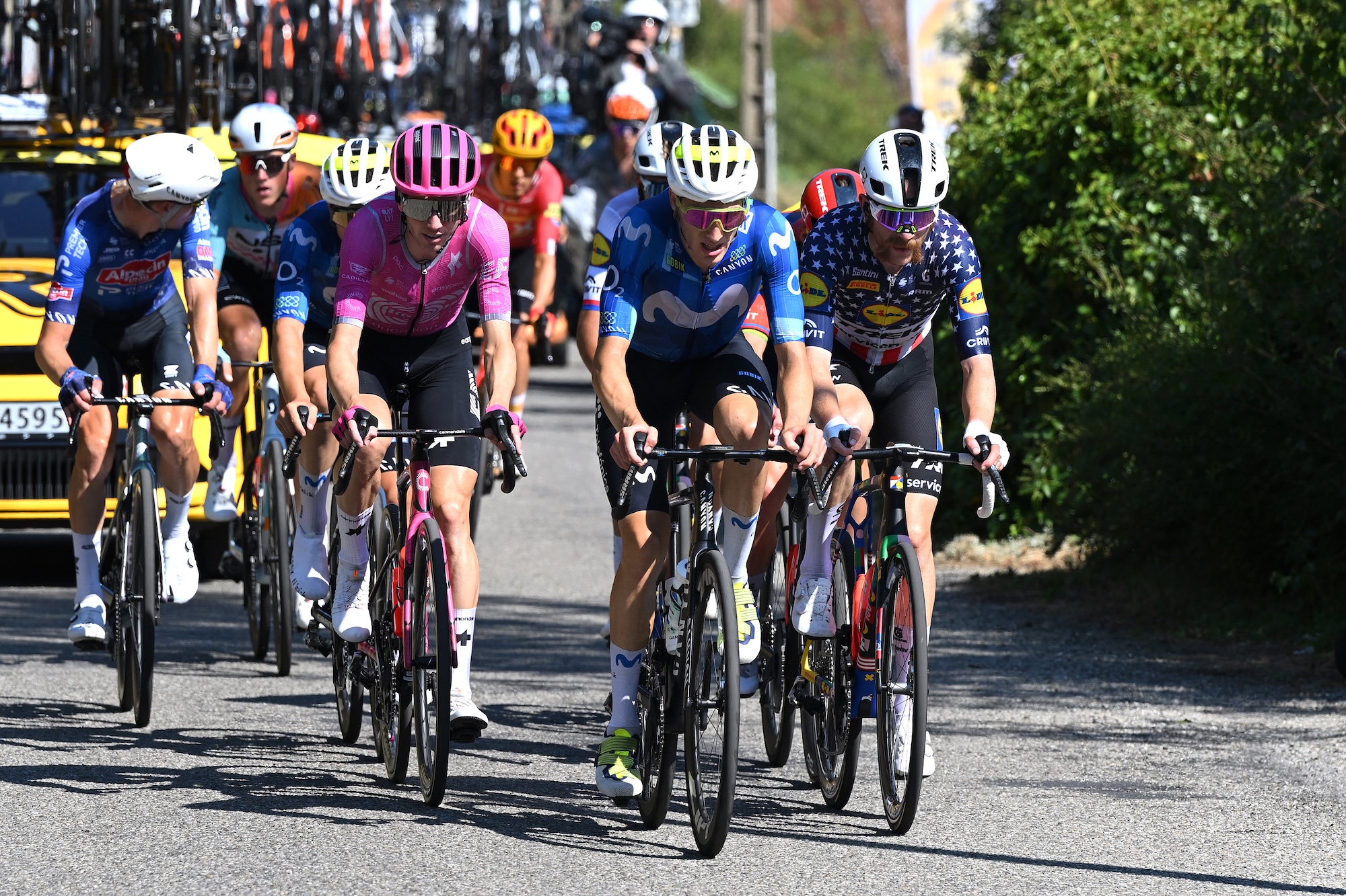 FOIX, FRANCE - JULY 07: (L-R) Sean Quinn of United States and Team EF Education - EasyPost, Pablo Castrillo of Spain and Team Movistar and Quinn Simmons of United States and Team Lidl - Trek compete in the breakaway during the 113th Tour de France 2026, Stage 4 a 181.9km stage from Carcassonne to Foix / #UCIWT / on July 07, 2026 in Foix, France. (Photo by Dario Belingheri/Getty Images)