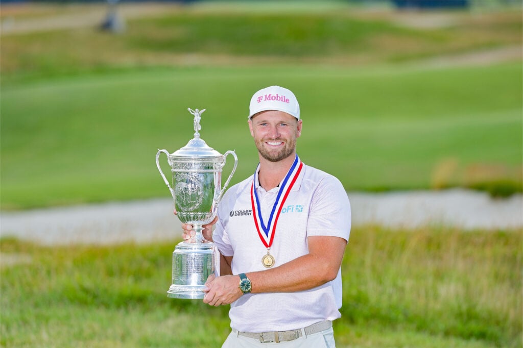 Wyndham Clark poses with the trophy after the ceremony during the final round of the 2026 U.S. Open at Shinnecock Hills Golf Club in Southampton, N.Y. on Sunday, June 21, 2026 | Source: USGA/Jeff Haynes