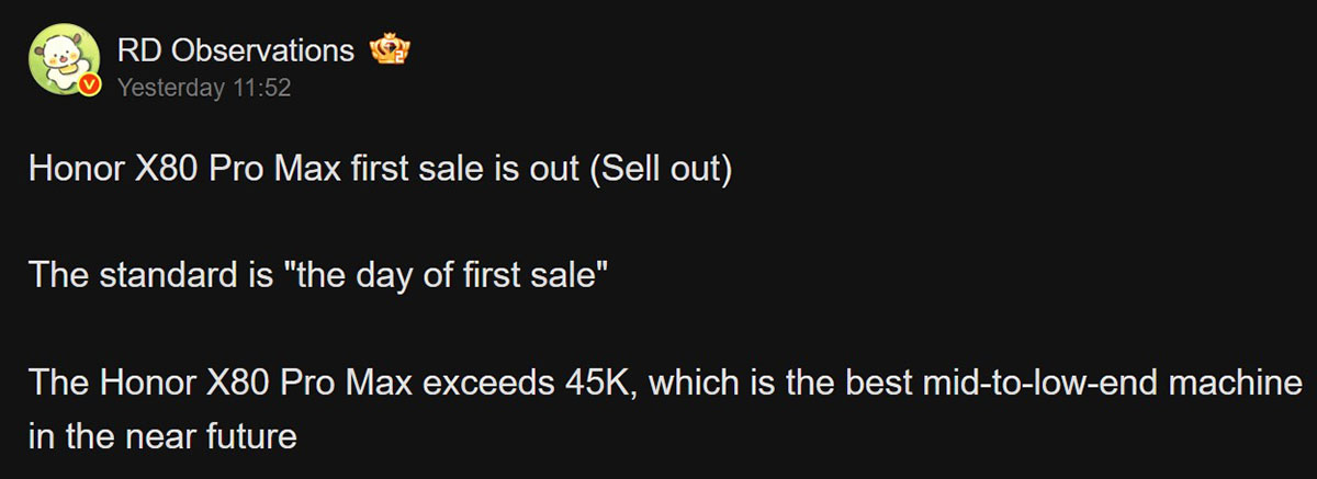 Honor X80 Pro Max first-day sales