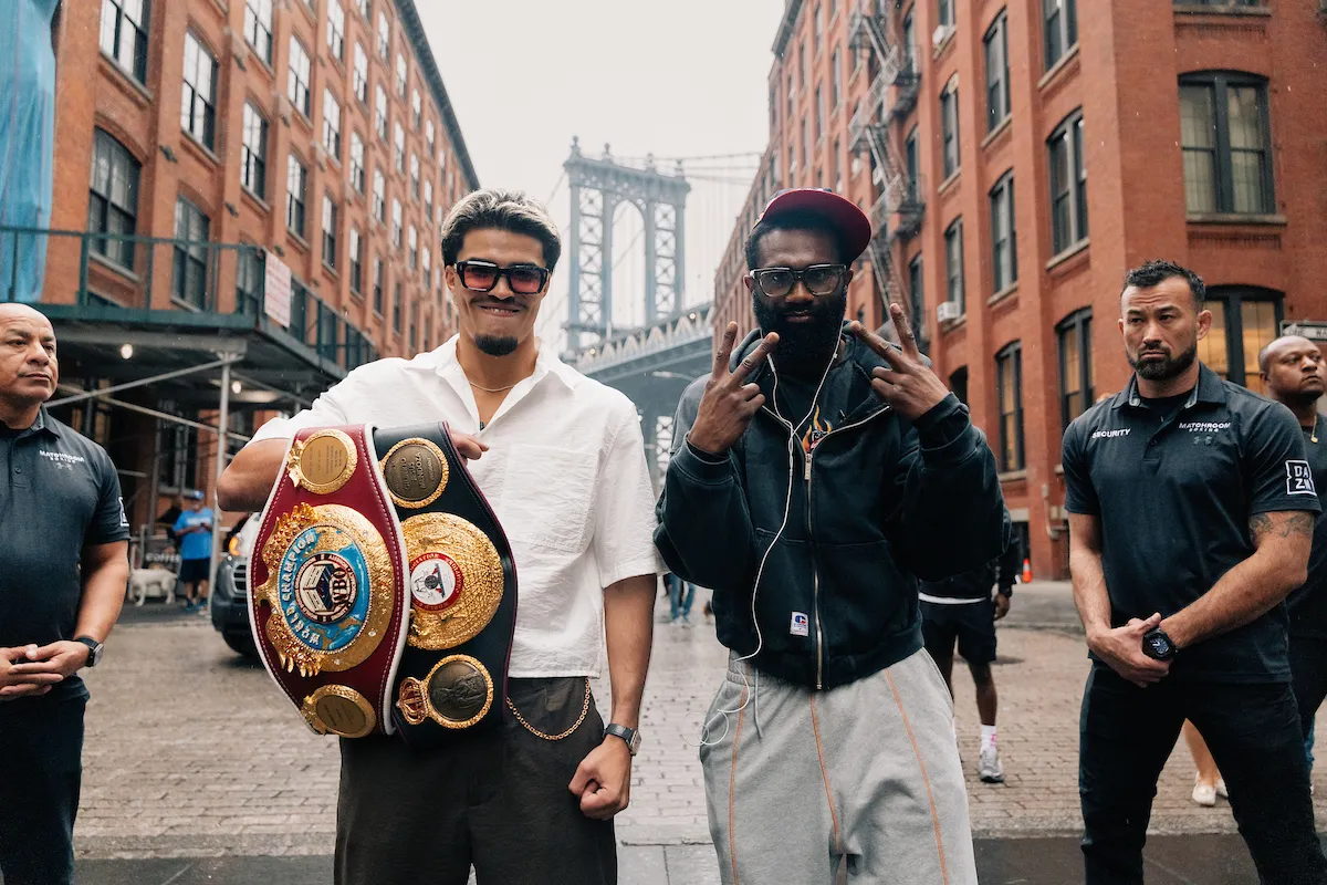Xander_Zayas clutches his junior middleweight belts alongside Jaron Ennis on June 22, 2026 in Brooklyn