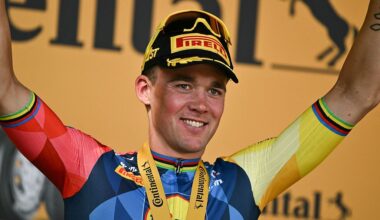 Lidl - Trek team's Danish rider Mads Pedersen celebrates on the podium after winning the 4th stage of the Tour de France