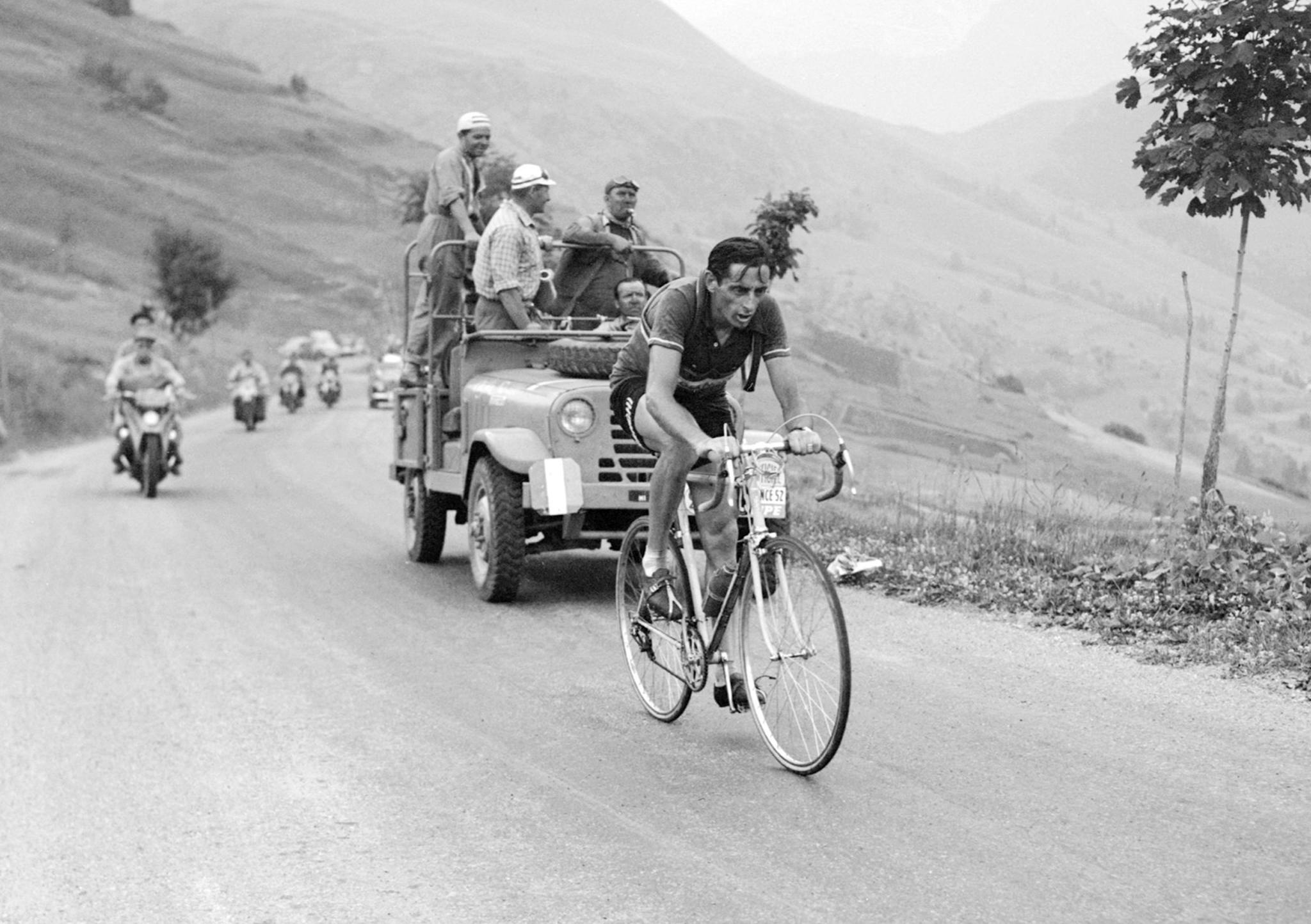 Fausto Coppi climbing Alpe d'Huez in 1952