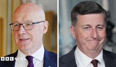 A composite image of John Swinney and Douglas Alexander. John Swinney is wearing a blue blazer, purple tie, white shirt and glasses. He is walking down a corridor at Holyrood. Douglas Alexander has short grey hair and wears a dark suit.