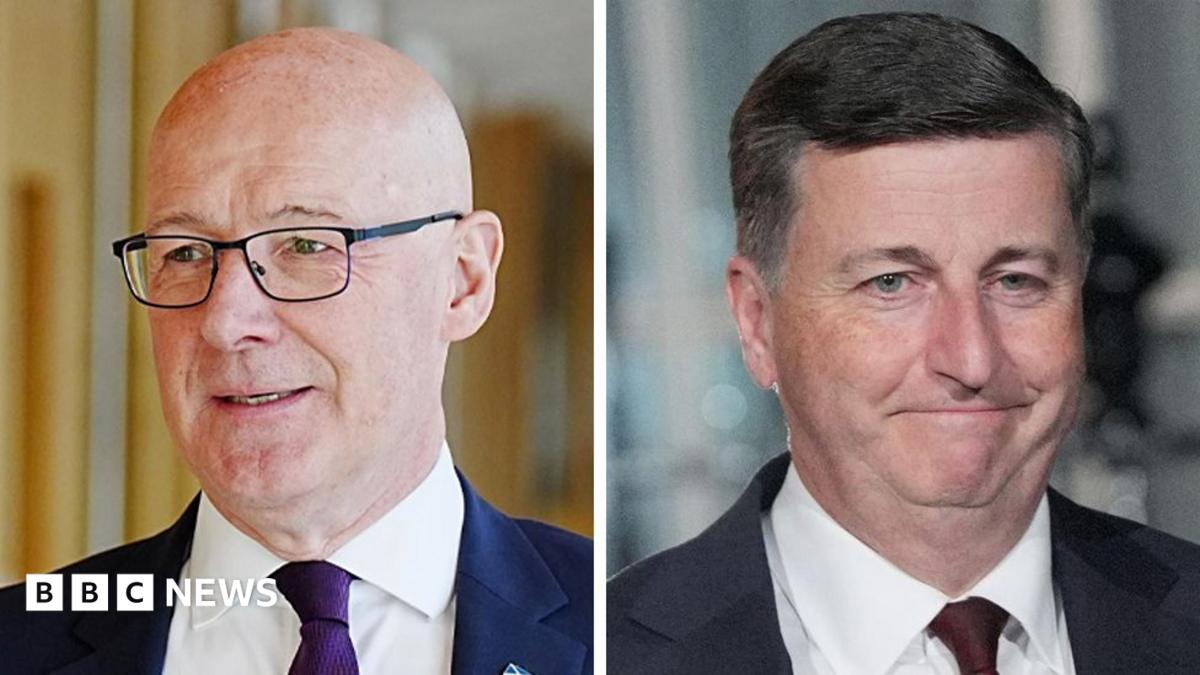 A composite image of John Swinney and Douglas Alexander. John Swinney is wearing a blue blazer, purple tie, white shirt and glasses. He is walking down a corridor at Holyrood. Douglas Alexander has short grey hair and wears a dark suit.