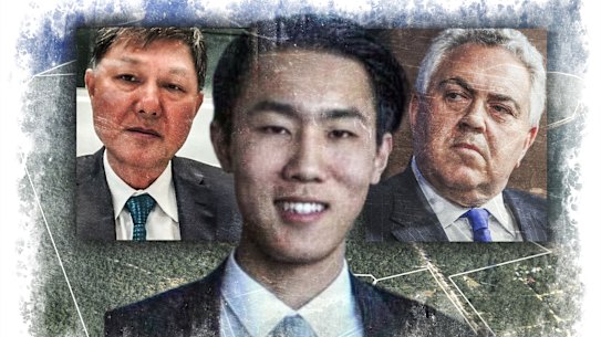 Felix Lee (centre), his father Phillip Dong Fang Lee, and Lee Family Office chair Joe Hockey.