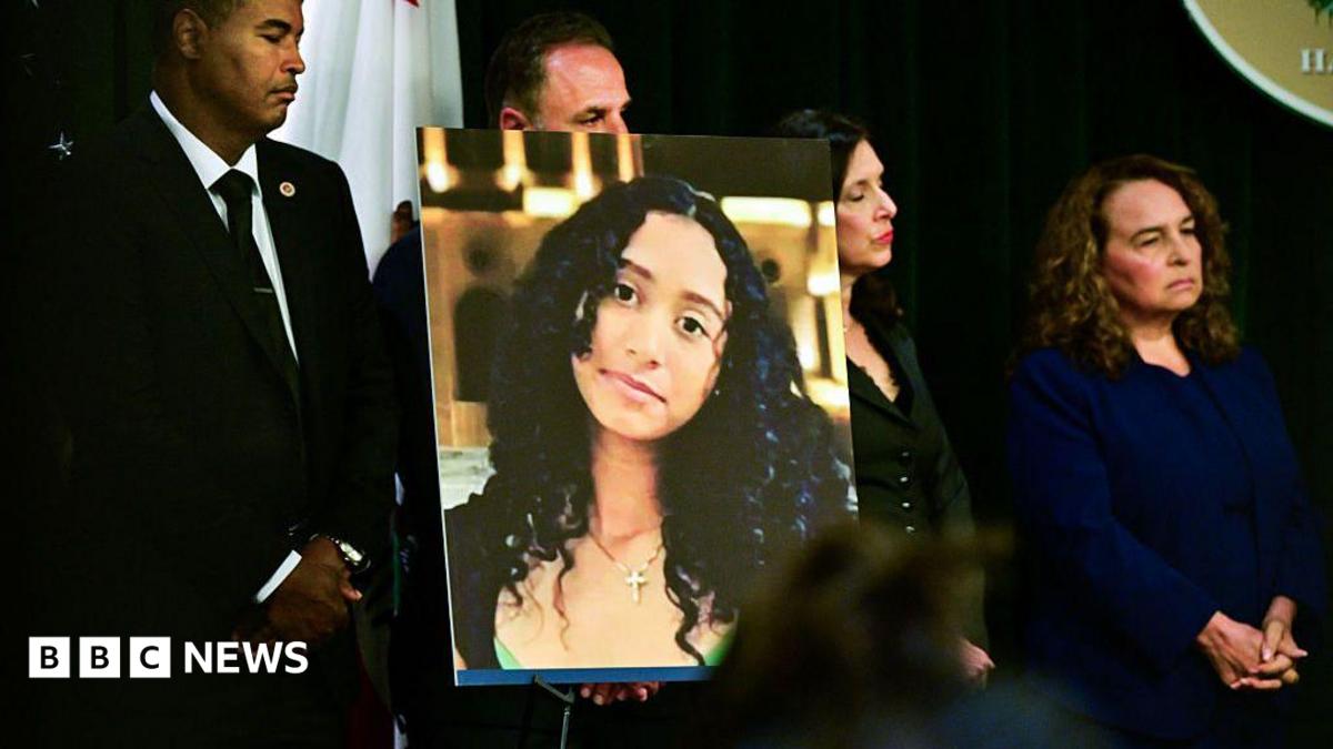 A portrait of the late Celeste Rivas Hernandez is shown during a press briefing by Los Angeles County District Attorney Nathan J. Hochman (out of frame) on the case against singer D4vd in Los Angeles, on April 20, 2026.