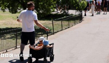 A man in a white shirt and dark shorts pulls two children through a park in a trolly