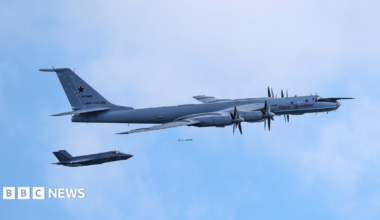 Handout photo issued by Ministry of Defence of a F-35B fighter launched from HMS Prince of Wales intercepting a Russian Tupolev Tu-142 maritime reconnaissance and anti-submarine warfare (ASW) aircraft.