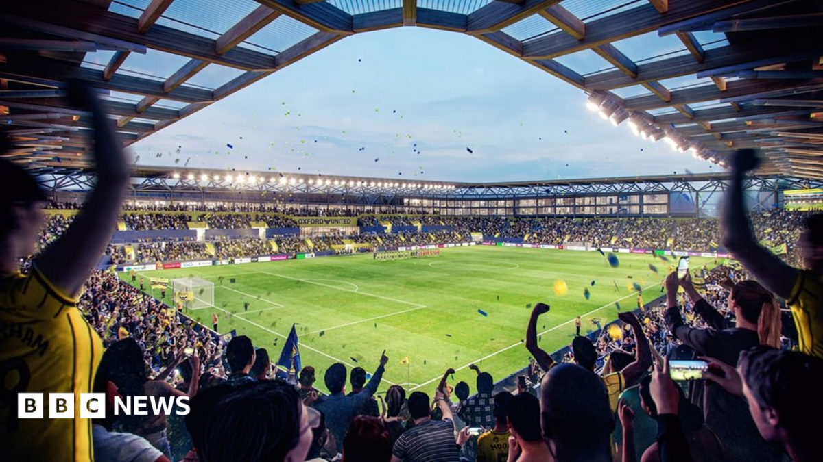 A CGI image of fans in the ground at the Triangle celebrating with many fans cheering and blue and yellow tape flying around in the air.