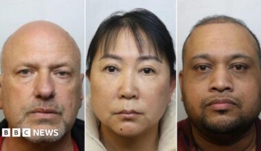 Three police custody shots. The first is of Benjamin Hopkins - a white man who is bald and with white facial stubble; the second is of Liu Xu Hopkins - a south east Asian woman with black hair and a fringe; the fourth is of Khondakar Hasan - an Asian man with thinning, short black hair and black stubble.