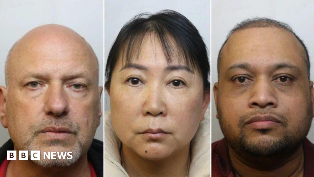 Three police custody shots. The first is of Benjamin Hopkins - a white man who is bald and with white facial stubble; the second is of Liu Xu Hopkins - a south east Asian woman with black hair and a fringe; the fourth is of Khondakar Hasan - an Asian man with thinning, short black hair and black stubble.