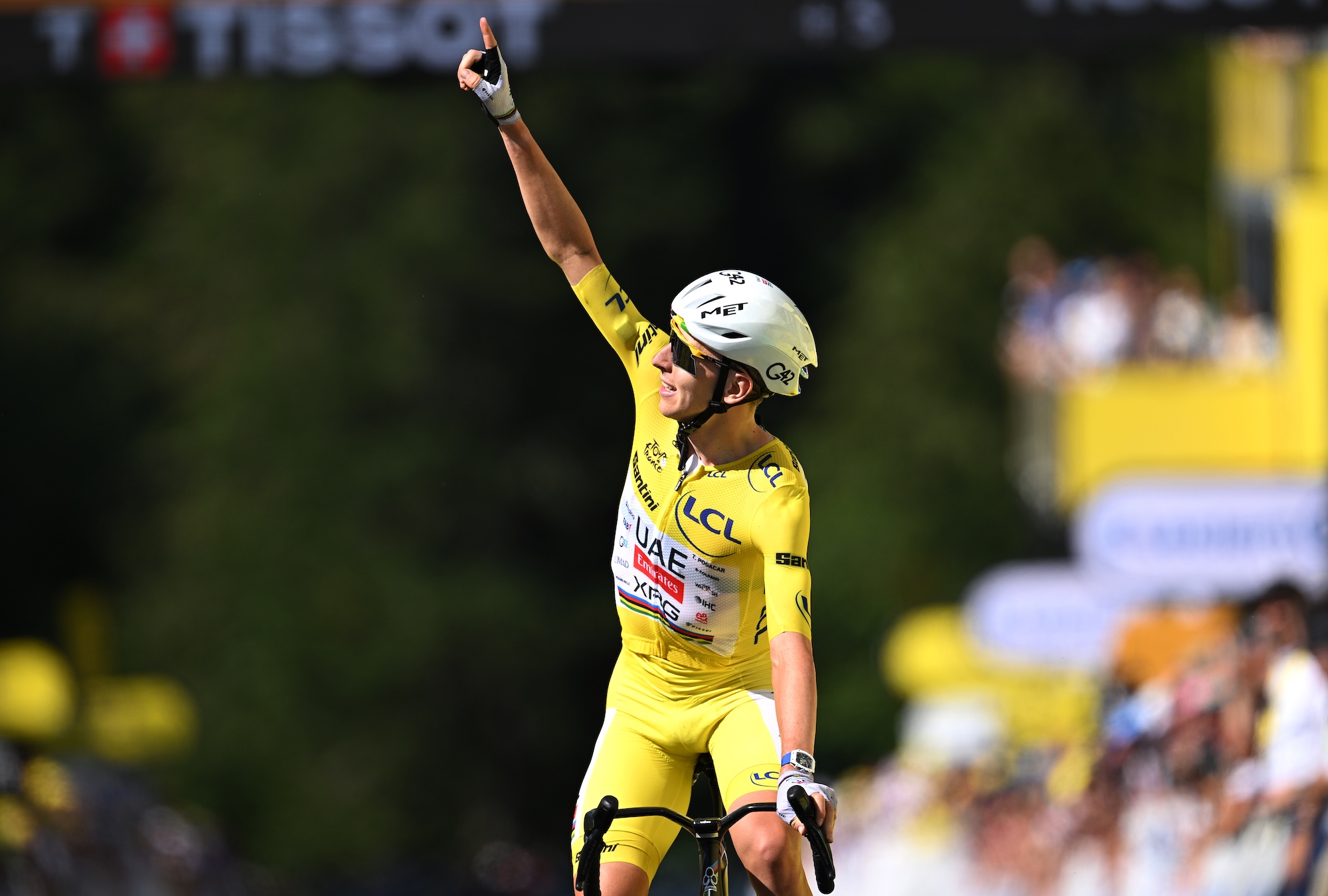 LE LIORAN, FRANCE - JULY 14: Tadej Pogacar of Slovenia and UAE Team Emirates - XRG - Yellow Leader Jersey celebrates at finish line as stage winner during the 113th Tour de France 2026, Stage 10 a 166.6km stage from Aurillac to Le Lioran 1240m / #UCIWT / on July 14, 2026 in Le Lioran, France. (Photo by Tim de Waele/Getty Images)