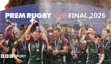 Leicester celebrate winning the Prem Rugby Cup