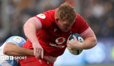 Prop Rhys Carre charges with the ball under his left arm when scoring a try for Wales in Argentina