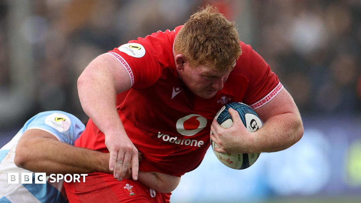 Prop Rhys Carre charges with the ball under his left arm when scoring a try for Wales in Argentina