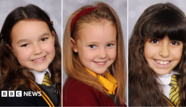 A composite image showing school photos of Bebe King, six; Elsie Dot Stancombe; Seven and nine-year-old Alice da Silva Aguiar. All three are smiling and are wearing their school uniforms.