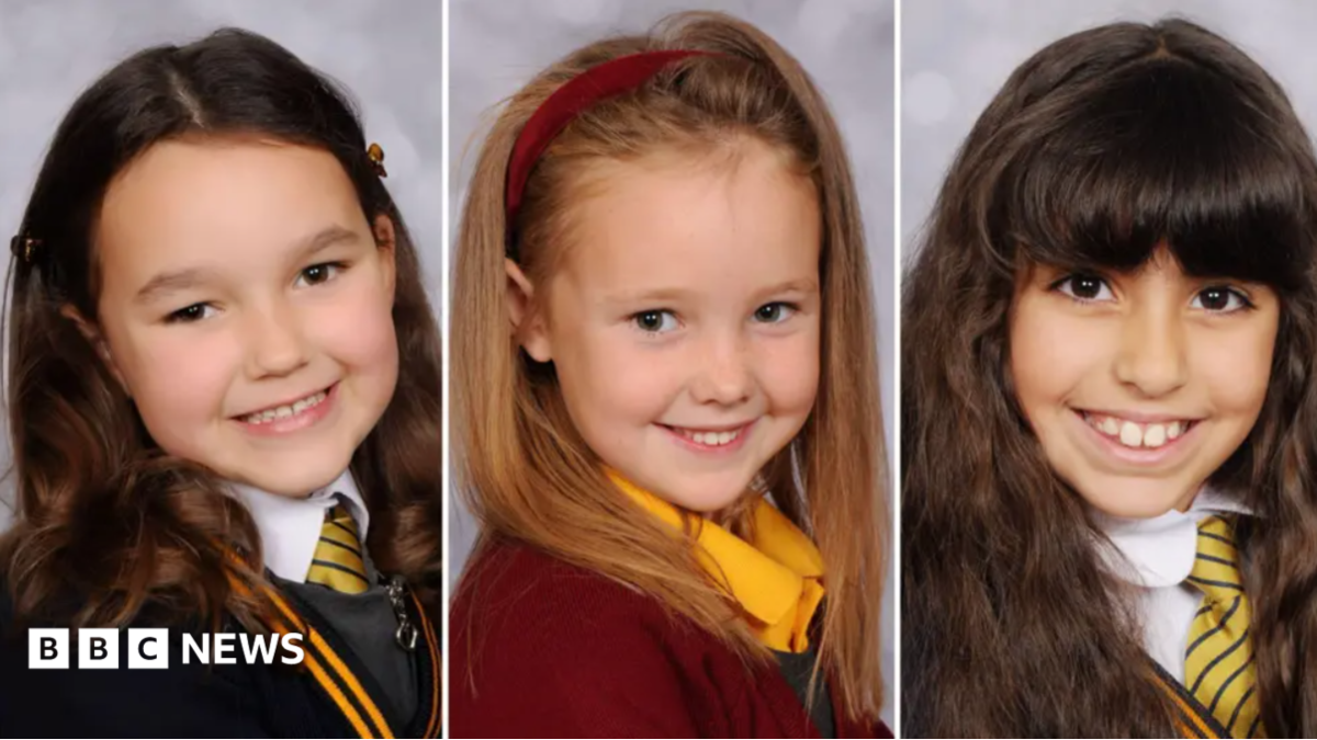 A composite image showing school photos of Bebe King, six; Elsie Dot Stancombe; Seven and nine-year-old Alice da Silva Aguiar. All three are smiling and are wearing their school uniforms.