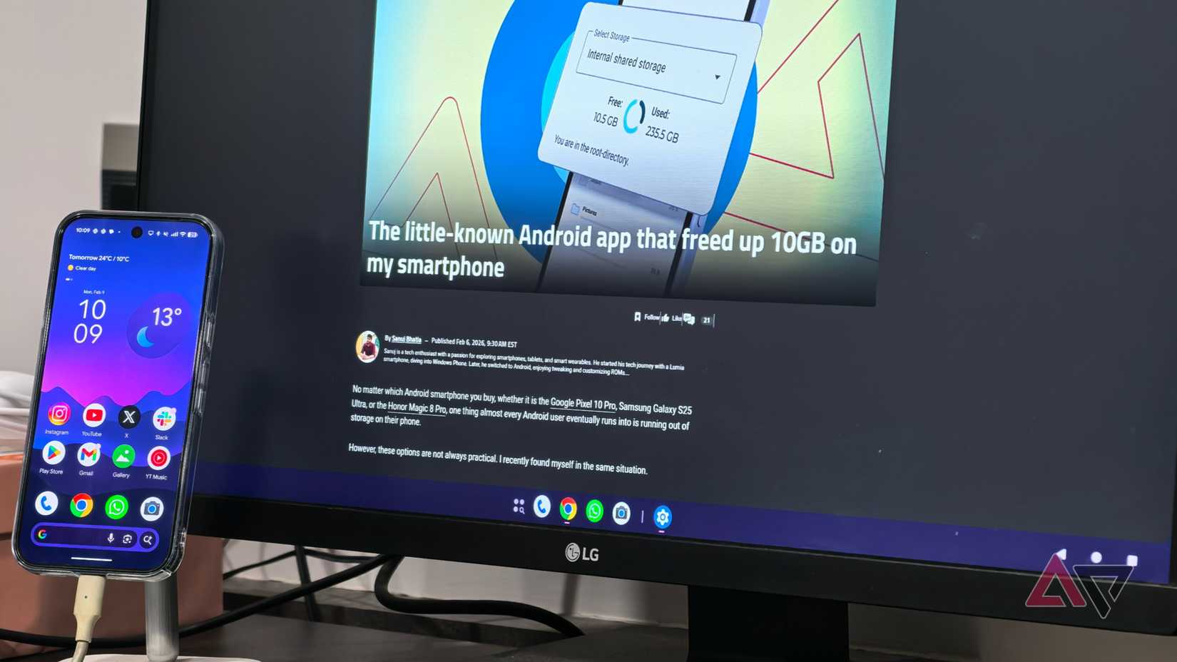 Wide view of Android desktop mode setup with phone and monitor