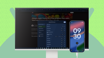 A Google Pixel smartphone connected to the external monitor on Desktop Mode, showing customizable keyboard shortcuts and desktop controls.