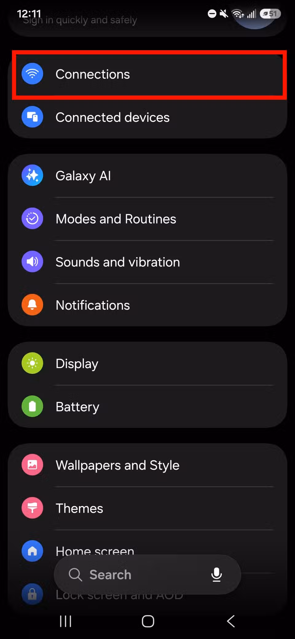 Red rectangle outline highlighting Connections in Samsung settings