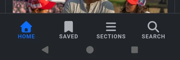 Mobile app bottom navigation bar with Home (blue), Saved, Sections, and Search icons.
