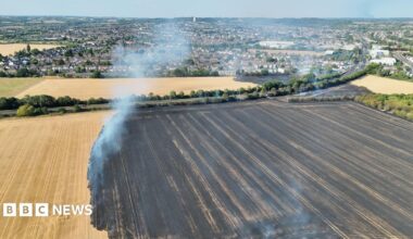 Aerial view of extensive fire damage to fields near Eastern Avenue West in Romford. Large areas of scorched land and drifting smoke can be seen, with a fire engine positioned near the edge of the burned field.