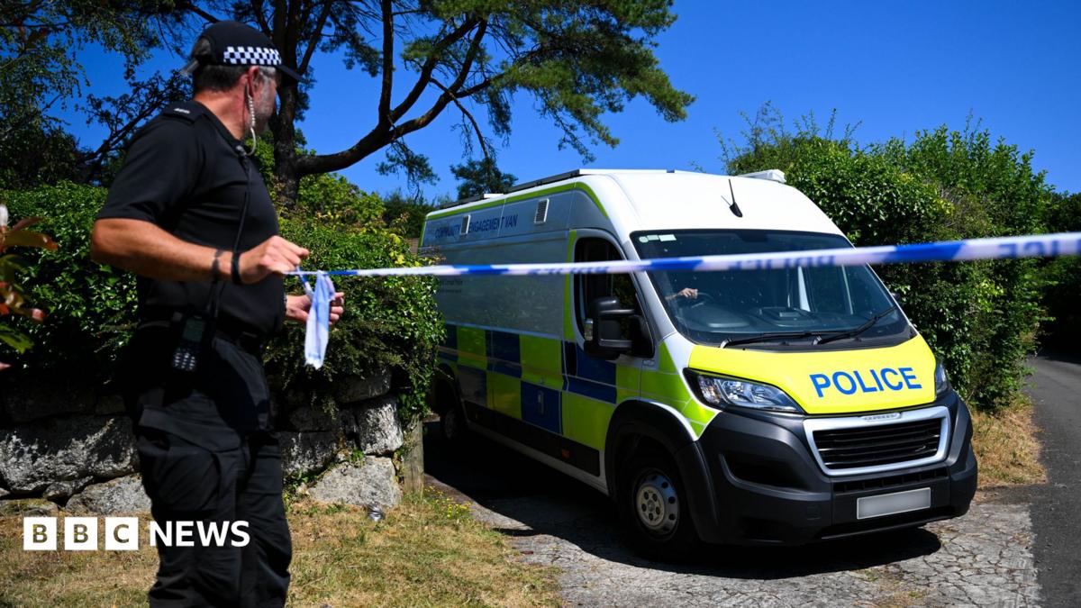 Police cars stand in the village of Haytor